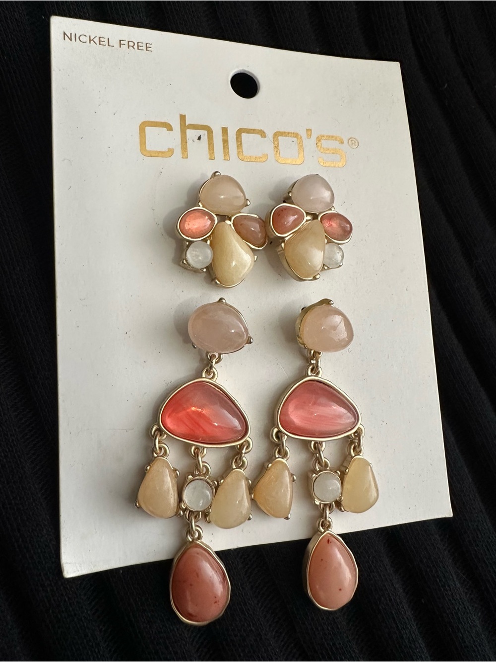 Chico's Pink & Peach Stone Drop Earrings Set Rose Quartz Boho Two Tone